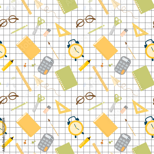 Seamless vector pattern with school supplies on a grid paper background. Notebooks, alarm clocks, calculators, pencils, rulers, scissors, books. Perfect for back to school projects.
