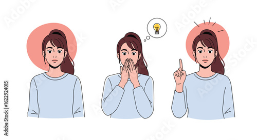 Young woman expressing surprise worry and realization with great ideas