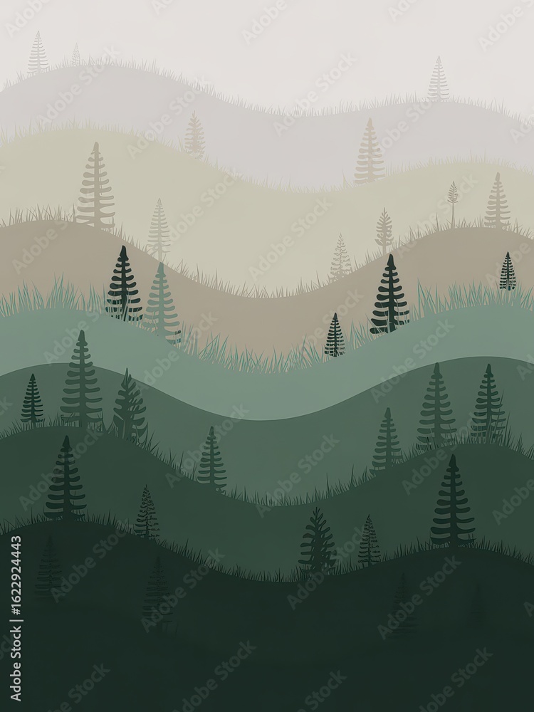 Fototapeta premium Layered Forest Landscape With Stylized Pine Trees