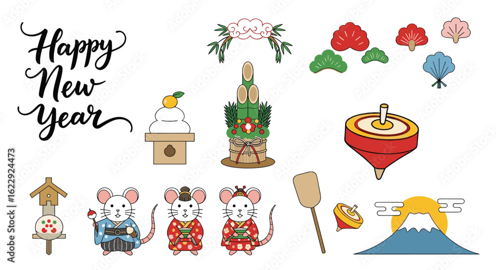 Traditional japanese new year decorations and symbols celebrating the year of the rat Traditional japanese new year decorations and symbols celebrating the year of the rat