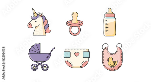 Adorable baby essentials collection featuring unicorn stroller pacifier bottle diaper bib and duckling