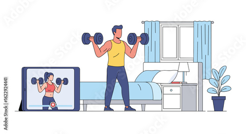 Man exercising at home following online fitness video workout routine