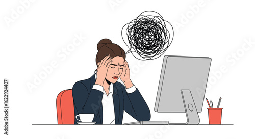 Overwhelmed office worker with tangled thoughts experiencing extreme stress and mental fatigue at desk