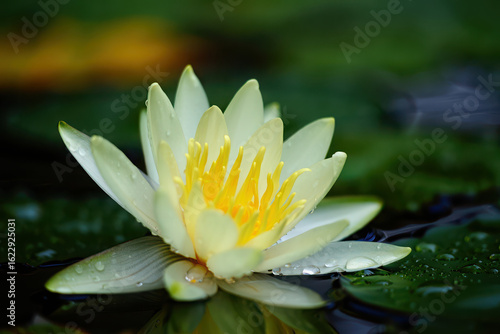 Wallpaper Mural Beautiful yellow and white water lily flower with dew drops on its petals, blooming in a tranquil pond with green leaves Torontodigital.ca