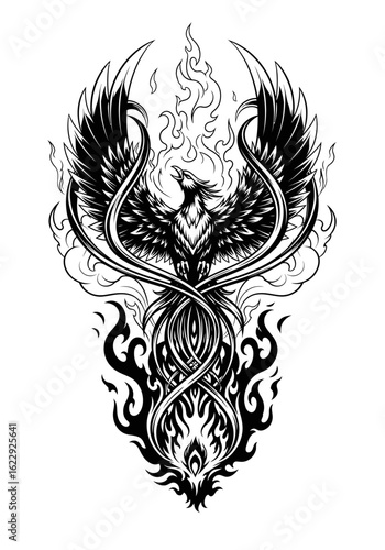A majestic phoenix rising from swirling flames in a black and white tattoo-style illustration.