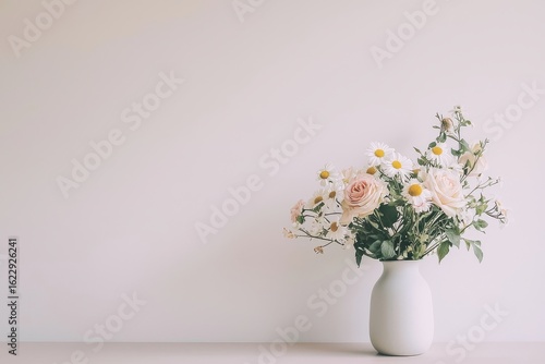 Wallpaper Mural Simple elegant flower vase with roses and daisies on table against empty white wall, close-up capturing soft complementary colors and delicate details Torontodigital.ca