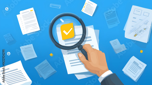 Analyzing Documents: A hand focuses on a document under magnification, symbolizing meticulous analysis and the confirmation of accuracy amidst scattered paperwork.
