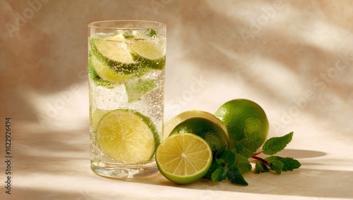 Wallpaper Mural Refreshing sparkling water with fresh lime slices and mint leaves offers a cool and healthy beverage option on a warm day. Torontodigital.ca