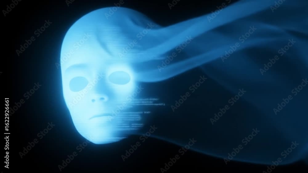 Ethereal digital ghost face animation with flowing code and dark background Ethereal digital ghost face animation with flowing code and dark background