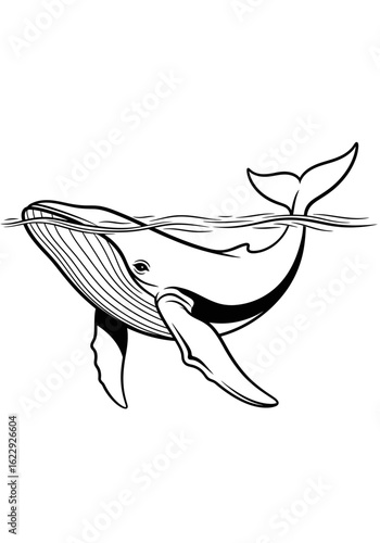 A black and white line art illustration of a large whale swimming peacefully just below the ocean surface.