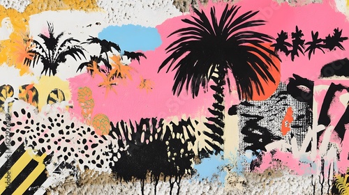 Abstract Tropical Palm Tree Graffiti Art Pink Yellow Black