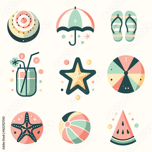 Summer Vacation Icons: Beach, Drinks, and Fun, collection of pastel-colored summer icons, including beach balls, starfish, flip-flops, umbrellas, watermelon slices, and a summer beverage