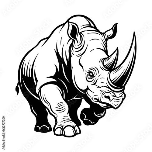 A bold black and white illustration of a powerful rhinoceros charging forward.