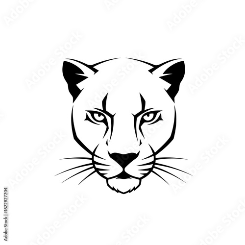 A fierce black and white graphic of a panther's head, depicted with an intense, forward-facing gaze.