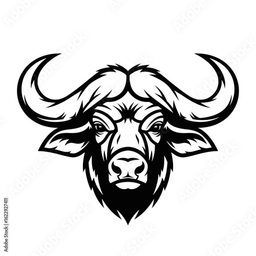 A fierce, symmetrical graphic of an African buffalo head, rendered in a bold black and white style for a logo or mascot.