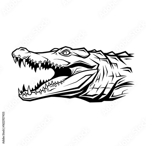 A menacing crocodile head in a black and white line art style, roaring with its jaw wide open.