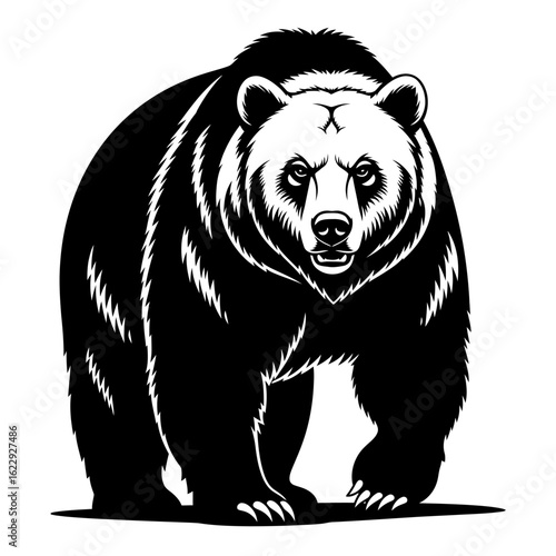 A powerful black and white graphic illustration of a fierce grizzly bear standing and facing forward.