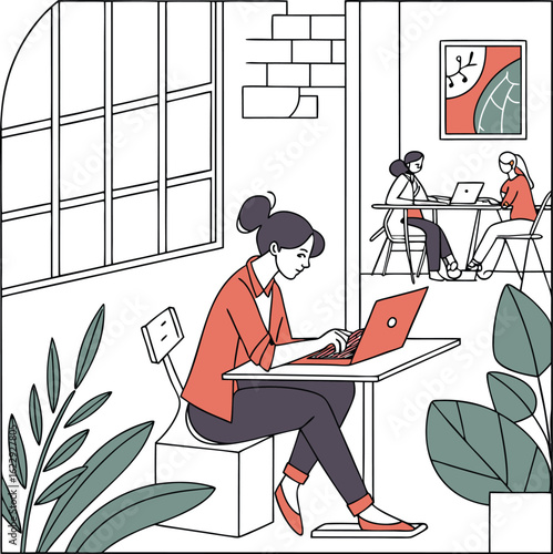 An illustrated cartoon vector drawing of two people, a man and a woman, sitting at their desks working on laptops in an office