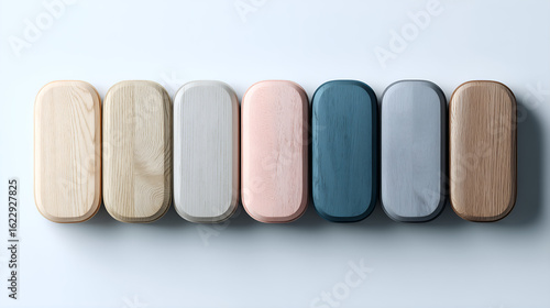 Color Palette Blocks: A serene and minimalist presentation of seven rectangular wooden blocks, each painted in a different pastel hue, arranged in a symmetrical composition against a soft background.
