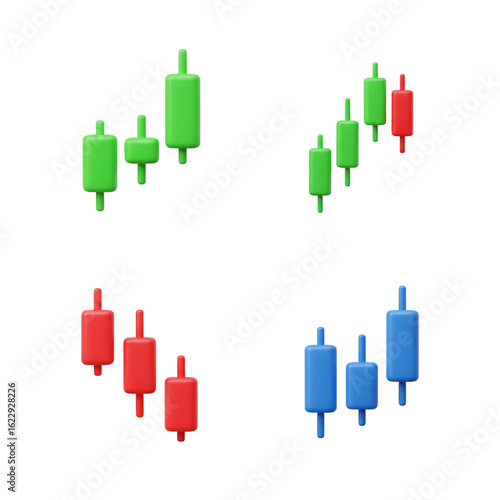 Financial market candlestick charts showing upward and downward trends
