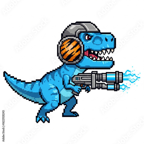 A retro pixel art dinosaur character with a helmet and a laser gun.

