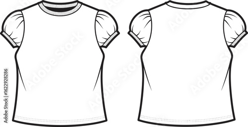 Short sleeve shirt front back view, puff sleeves with gathered cuffs, ribbed round neckline, straight stitched hemline, cad drawing flat vector illustration