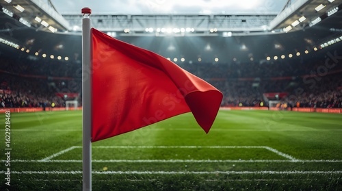 Red Flag on Soccer Field with Stadium Lights