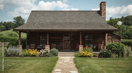 Rustic Cabin with Veranda in Country Landscape