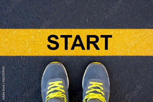Start line concept with running shoes for motivation and beginning new journey or challenge