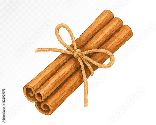 A charming watercolor cinnamon sticks tied with a rustic bow, perfect for kitchen decor or culinary designs. Vector illustration