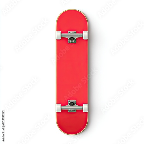 Overhead view of a bright red skateboard