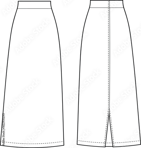 CAD drawing flat vector illustration of long skirt front and back view, fashion technical sketch, minimalist clothing design, sewing template