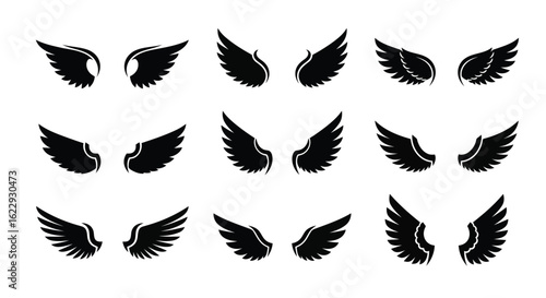 Vector illustration of 3d illustration of set of black angel wing icons isolated on white background