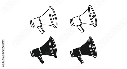 Vector illustration of 3d illustration of two white and two black megaphones isolated on white background