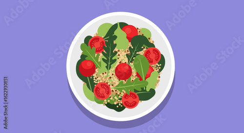 Bowl of quinoa salad with cherry tomatoes and greens on a purple background