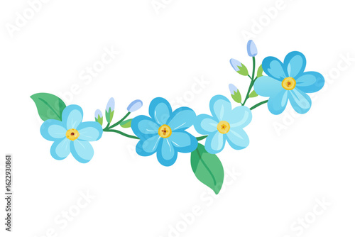 Delicate blue forget me not flowers and leaves isolated on transparent background