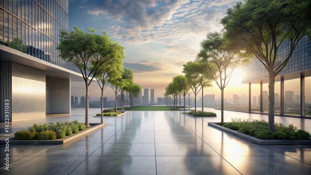 Naklejka premium Serene Urban Oasis A Modern Architectural Plaza with Lush Greenery at Sunrise