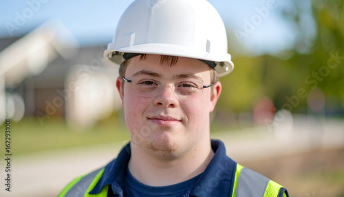 A young man with Down syndrome, wearing a white hard hat and a reflective safety vest, smiles confidently outdoors.