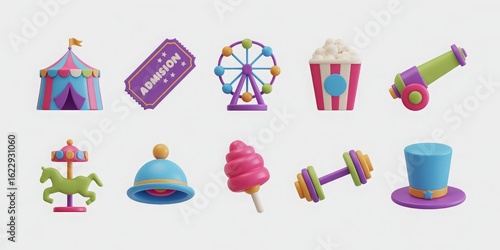 Set of 10 3D circus and carnival icons on a white background, ideal for amusement park websites, event flyers, and children's party invitations
