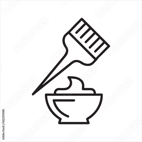 Hair coloring tools outline vector icon. Simple line art illustration of a dye brush and mixing bowl. Symbol for beauty salon, hairdresser, and hair treatment.
