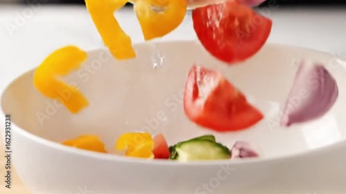 Fresh Salad Ingredients Falling into White Bowl Slow Motion Healthy Eating Preparation, salad, vegetables, tomato, cucumber, bell pepper, yellow pepper, red tomato, green cucumber, healthy food, fresh