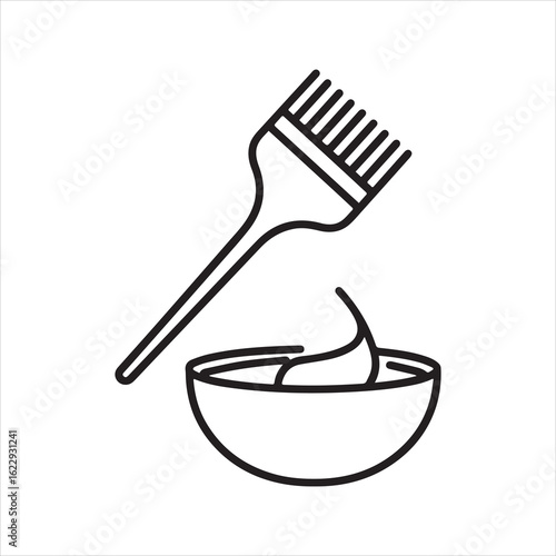 Hair coloring tools outline vector icon. Simple line art illustration of a dye brush and mixing bowl. Symbol for beauty salon, hairdresser, and hair treatment.

