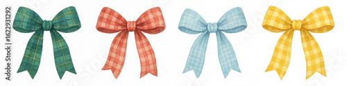 Set of four watercolor bows in deep green, red plaid, soft blue, and yellow checkered patterns, painted in classic vintage style. Vector illustration.