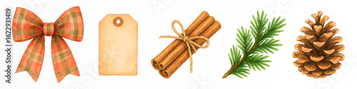 Watercolor holiday set with plaid bow, pine cone, spruce branch, cinnamon sticks kraft paper tag. Cozy rustic Christmas decoration elements. Vector illustration.