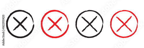 X icon. Red and black brush cross. Grunge letter mark. Sketch sign isolated on white background. Hand drawn calligraphy. Drawing vote symbol. Handwritten crosses. X shape graphic texture. Vector.