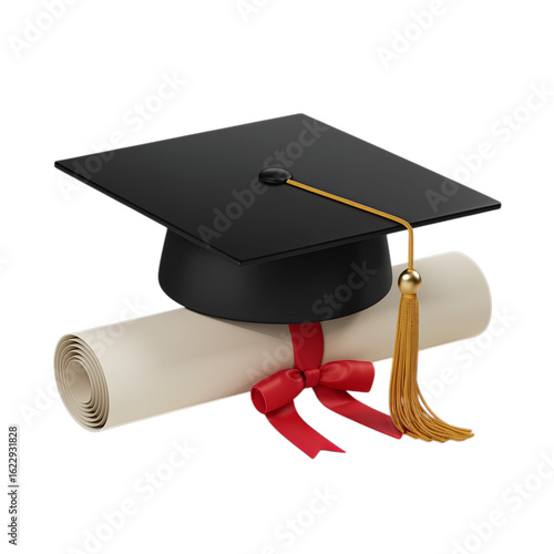 Graduation cap and diploma scroll for academic achievement.

