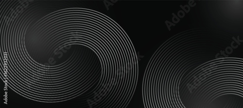 Abstract grey glowing geometric lines on dark black background. Modern grey circle lines pattern. Futuristic technology concept. Suit for cover, poster, banner, brochure, header, website