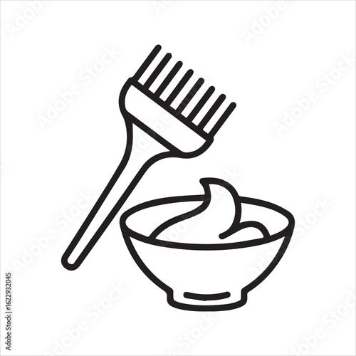 Hair coloring tools outline vector icon. Simple line art illustration of a dye brush and mixing bowl. Symbol for beauty salon, hairdresser, and hair treatment.
