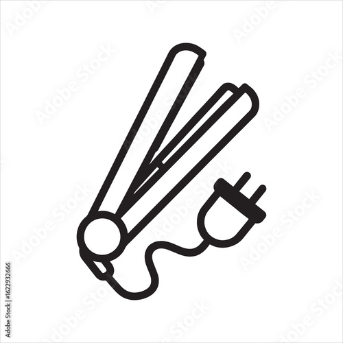 Hair straightener outline vector icon. Simple black and white line art illustration of a flat iron styling tool. Symbol for beauty, salon, and hair care.
