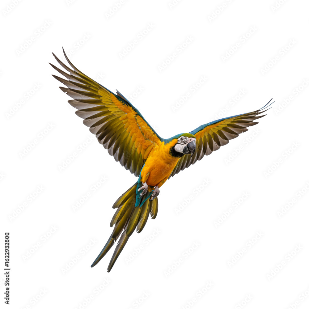 Fototapeta premium Flying macaw with bright feathers, isolated on white